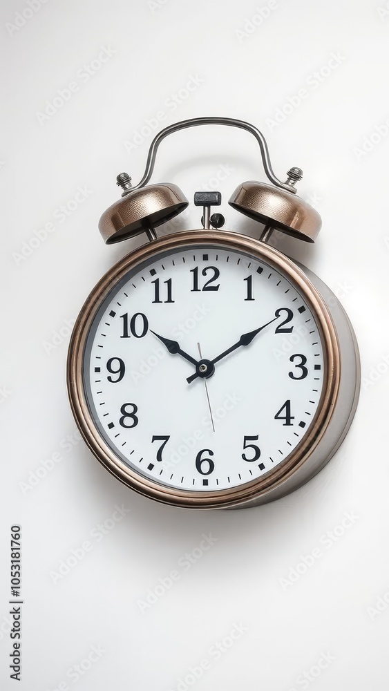 Bronze alarm clock on a white background, showing ten o'clock Bronze alarm clock on a white background, showing ten o'clock