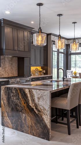 modern kitchen island with marble countertops and sleek pendant lights