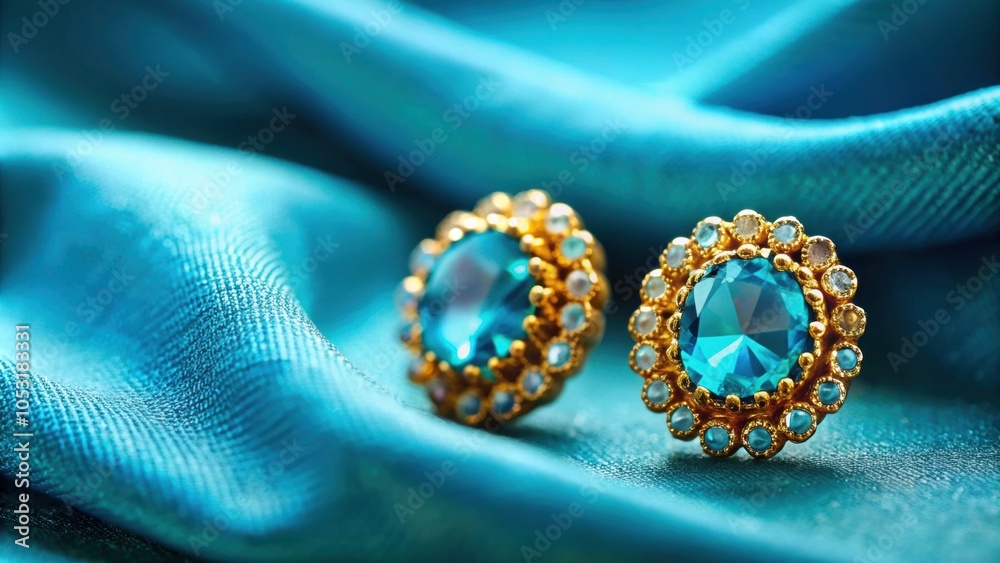 Gold earrings with blue gemstones displayed on teal fabric background, gold, earrings, blue gemstones, teal fabric