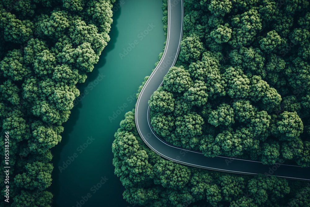 Aerial View of Winding Road Through Lush Forest Aerial View of Winding Road Through Lush Forest