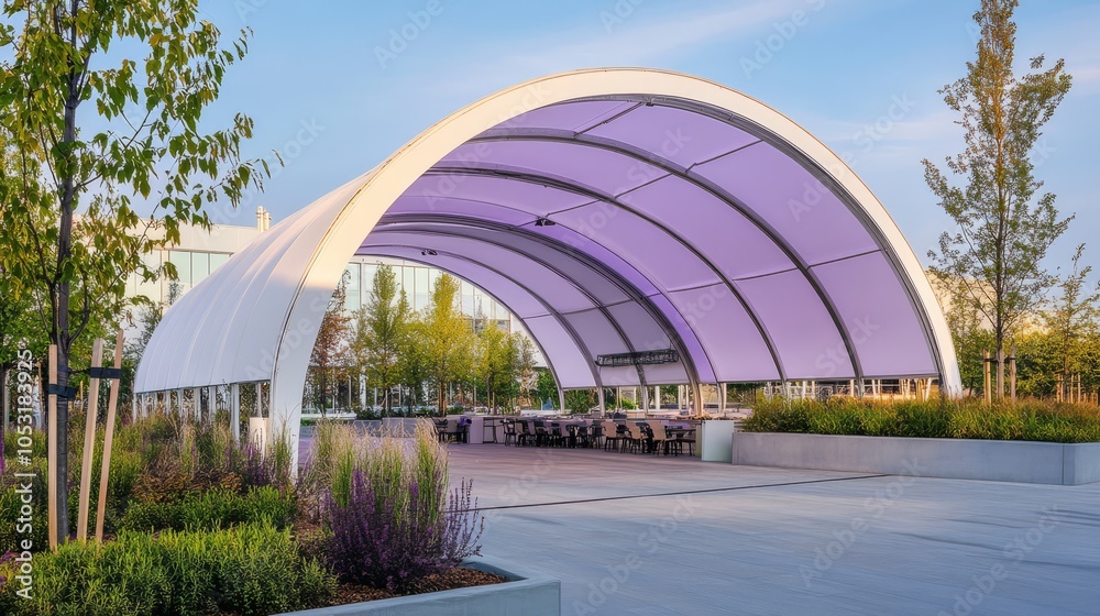 Obraz premium Modern Architectural Canopy: A contemporary outdoor space with a stunning arched canopy, featuring a translucent purple roof and a sleek white frame.