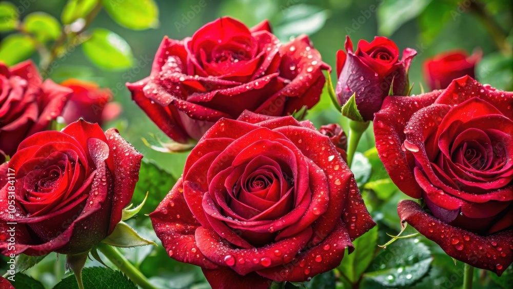 Close-up of vibrant red roses adorned with water droplets against lush green foliage, roses, red, vibrant, water droplets Close-up of vibrant red roses adorned with water droplets against lush green foliage, roses, red, vibrant, water droplets