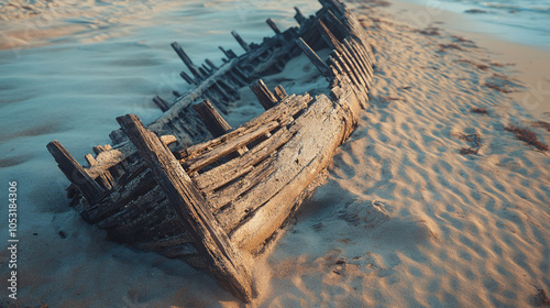 sun drenched wooden shipwreck on a sandy beach photo