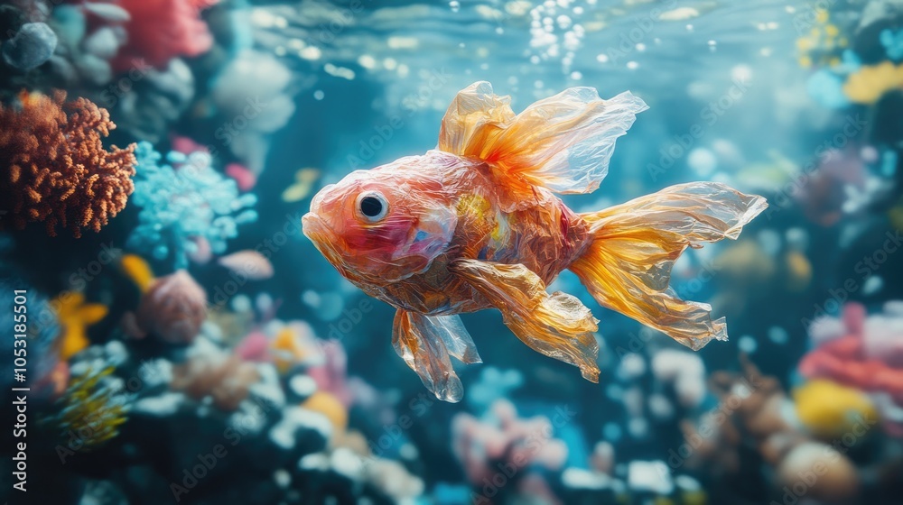 A goldfish swimming through a sea of plastic pollution. A goldfish swimming through a sea of plastic pollution.