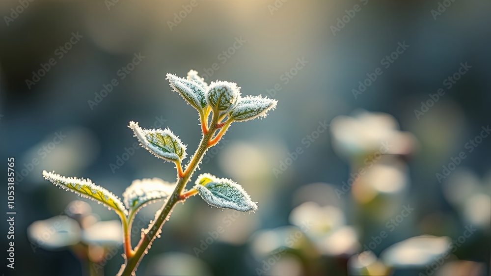Fototapeta premium Delicate frost crystals cling to vibrant green leaves, revealing the subtle beauty of nature's touch.