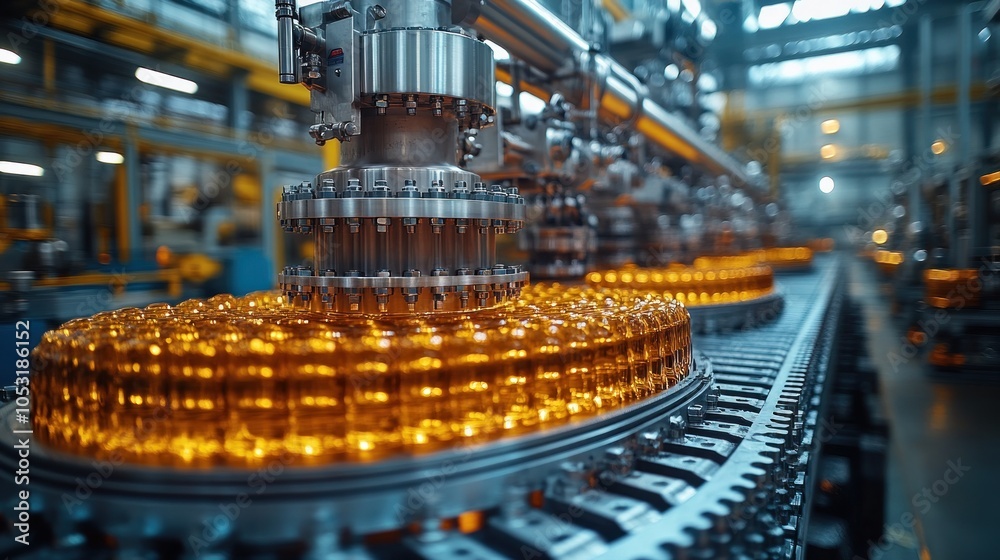 Naklejka premium Automated production line with glass bottles in a factory setting.