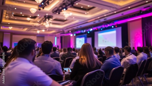 Audience listening to a presentation at a conference.