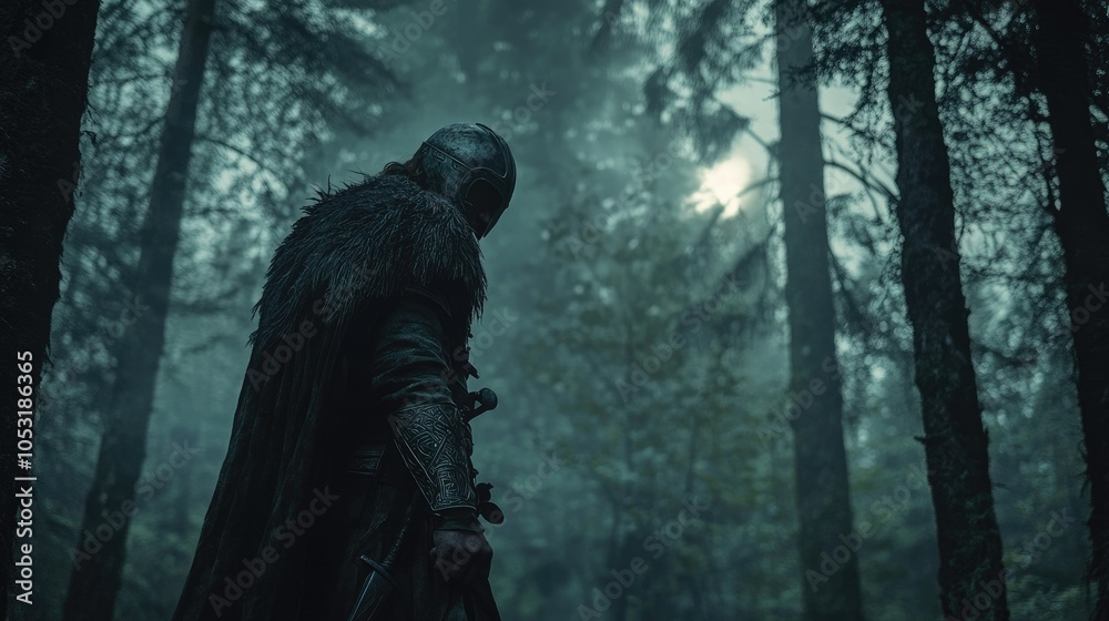 Fototapeta premium A Viking warrior, standing alone at the entrance of a deep forest, his helmet glinting in the moonlight.