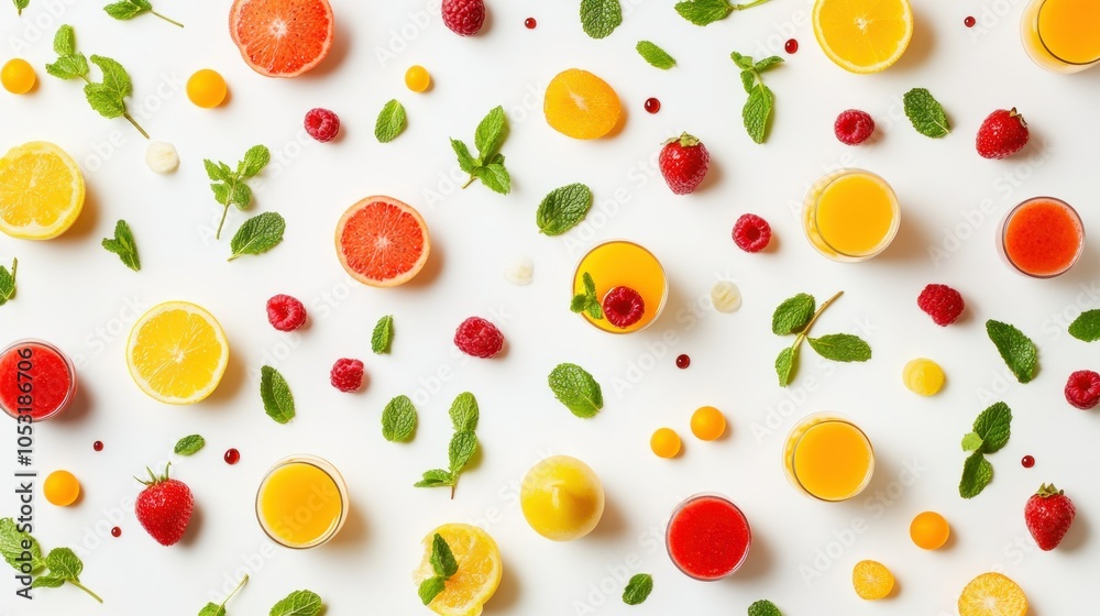Fresh Fruit and Juice Pattern on White Background Fresh Fruit and Juice Pattern on White Background