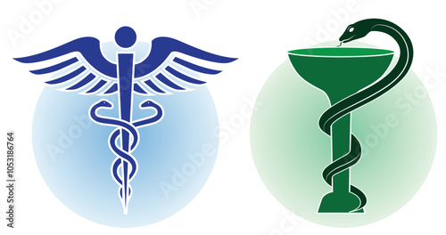 Set Illustration of Medical and Pharmacy Symbols - another version of Caduceus and Bowl of Hygieia.