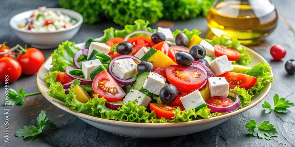 Fresh Greek salad with cucumber, tomato, pepper, lettuce, feta, olives, and olive oil, healthy, food, Greek, salad, fresh Fresh Greek salad with cucumber, tomato, pepper, lettuce, feta, olives, and olive oil, healthy, food, Greek, salad, fresh