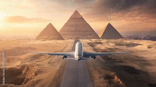 An aircraft flying low over the Pyramids of Giza, showcasing a striking contrast between ancient wonders and modern technology.