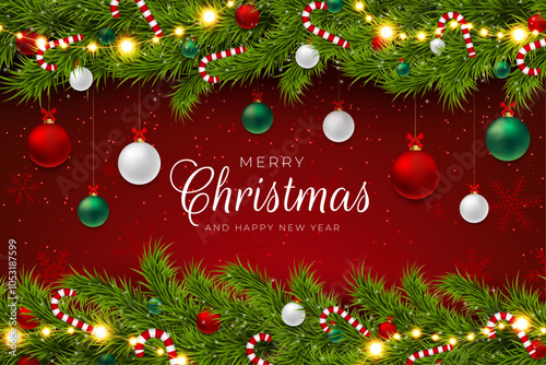 Mere Christmas and Happy New Year. Gradient Christmas tinsel background