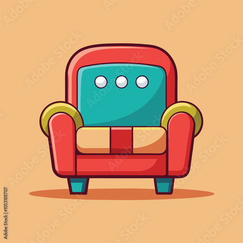 A cartoon illustration of a comfy red armchair with yellow armrests. The armchair has a cozy look and is perfect for relaxing.