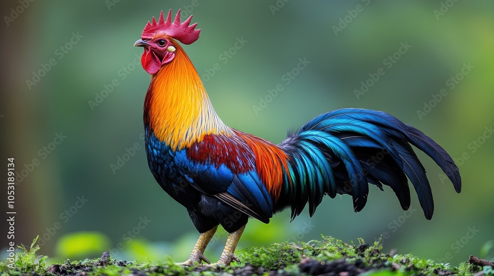 Fototapeta premium A colorful rooster stands proudly in a grassy field with a blurred green background.