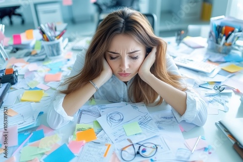 A stressed woman sits at a cluttered desk filled with papers and sticky notes, illustrating the challenges of work-life balance. photo