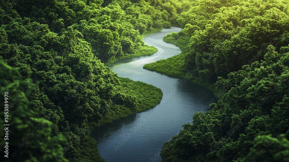 Serene river flowing through lush green forest. Serene river flowing through lush green forest.