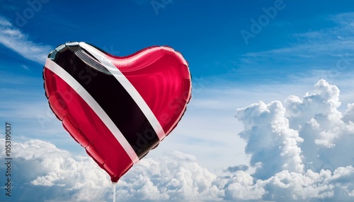 トリニダード・トバゴの国旗のハート型の風船と青空(Trinidad and Tobago flag heart-shaped balloon and blue sky.)
 photo