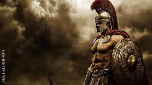 Greek warrior hero battle scene armor weapon strength pose. AI generated