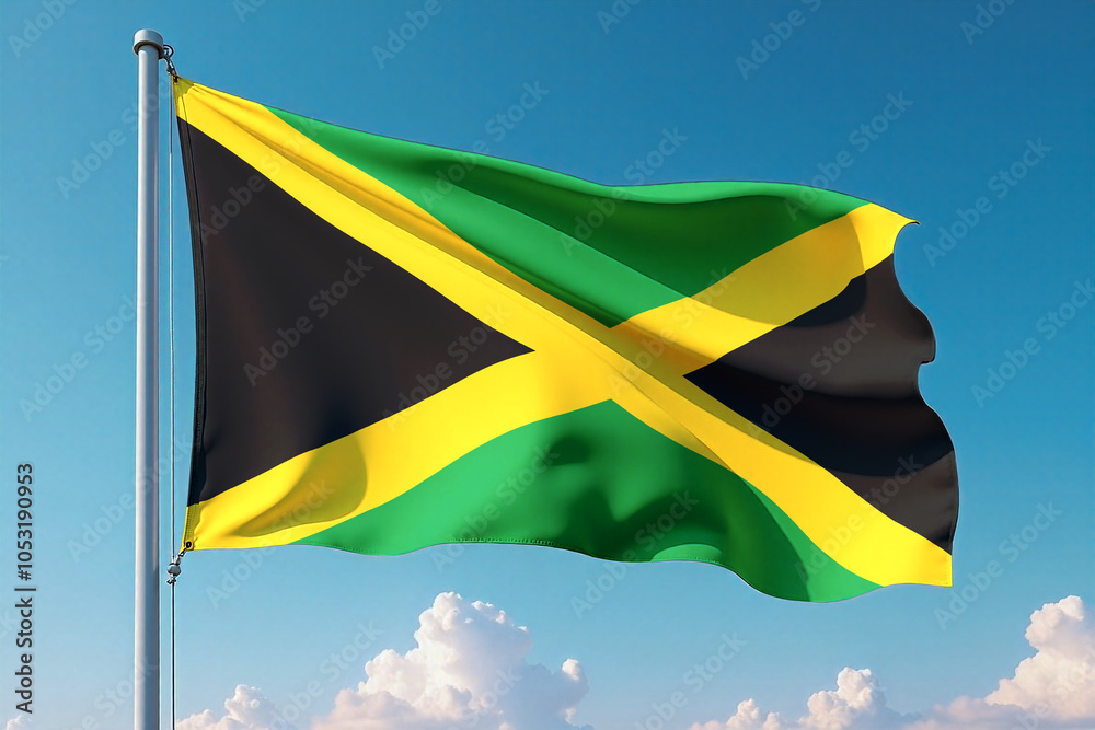 Jamaica Flag Waving Against Clear Blue Sky Jamaica Flag Waving Against Clear Blue Sky