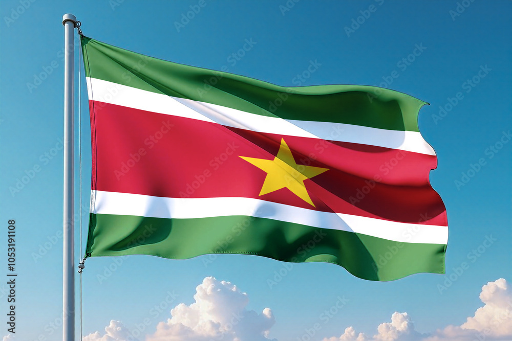 Suriname Flag Waving Against Clear Blue Sky Suriname Flag Waving Against Clear Blue Sky