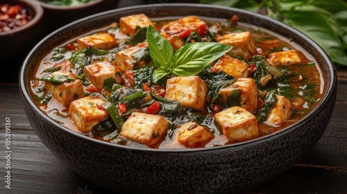 A bowl of paneer saag, a popular Indian dish made with spinach, paneer cheese, and spices, garnished with fresh basil leaves, on a wooden table.