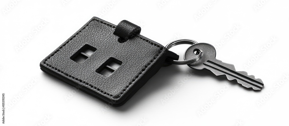 Black leather keychain with a house design and a silver key. Black leather keychain with a house design and a silver key.