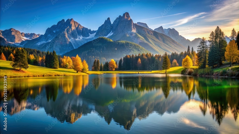 Fototapeta premium Alpine minimalist landscape photo with bright colors, natural authenticity, stunning clarity, Alpine