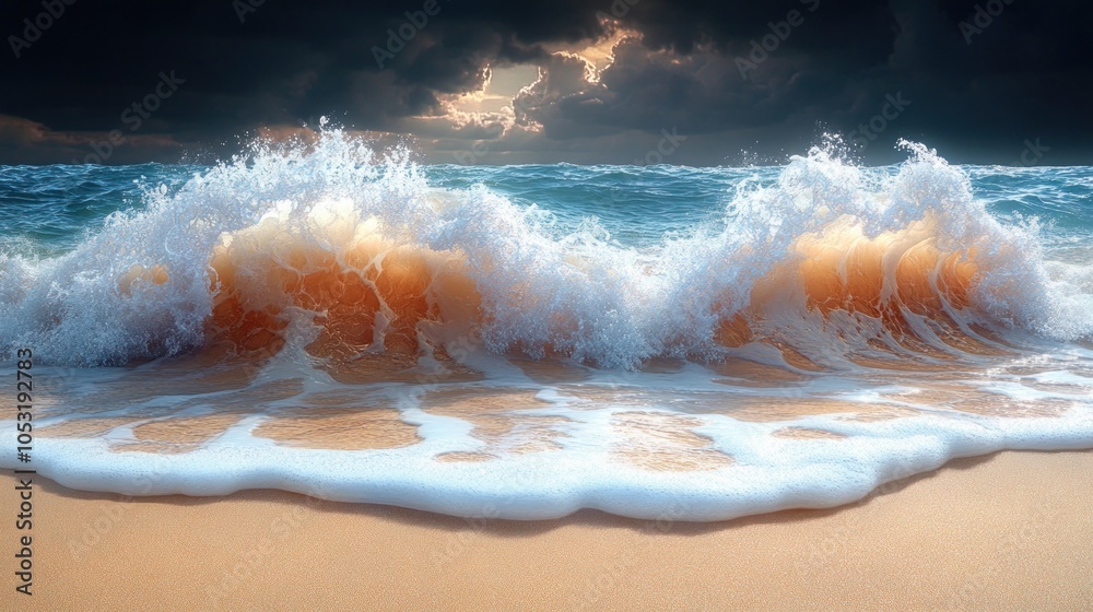 Fototapeta premium Dramatic ocean waves crashing on a sandy beach under stormy skies.