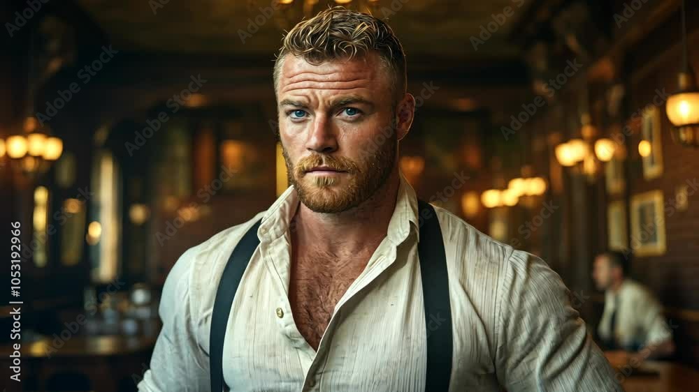 A man with a beard and suspenders stands in a dimly lit bar, looking intensely at the camera A man with a beard and suspenders stands in a dimly lit bar, looking intensely at the camera