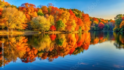 Fall colored leaves reflecting on a lake during golden hour in the midwest , autumn, trees, forest, leaves, lake