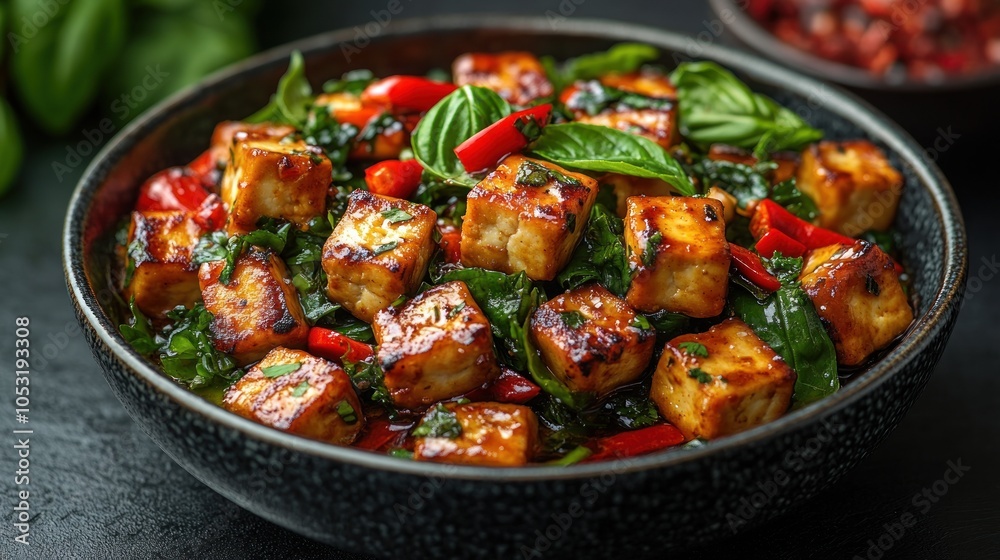 A close-up shot of a black bowl filled with tofu, spinach, and chili peppers. A close-up shot of a black bowl filled with tofu, spinach, and chili peppers.