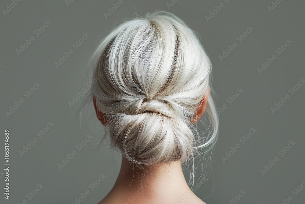 Fototapeta premium Portrait of woman with blonde hair with bun hairstyle on gray background, rear view.