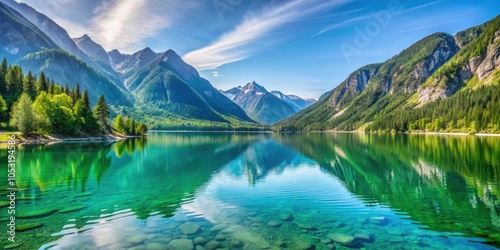 Tranquil scene of Plansee lake in Austria on a sunny day with mountains in the background , Plansee lake, Austria, summer