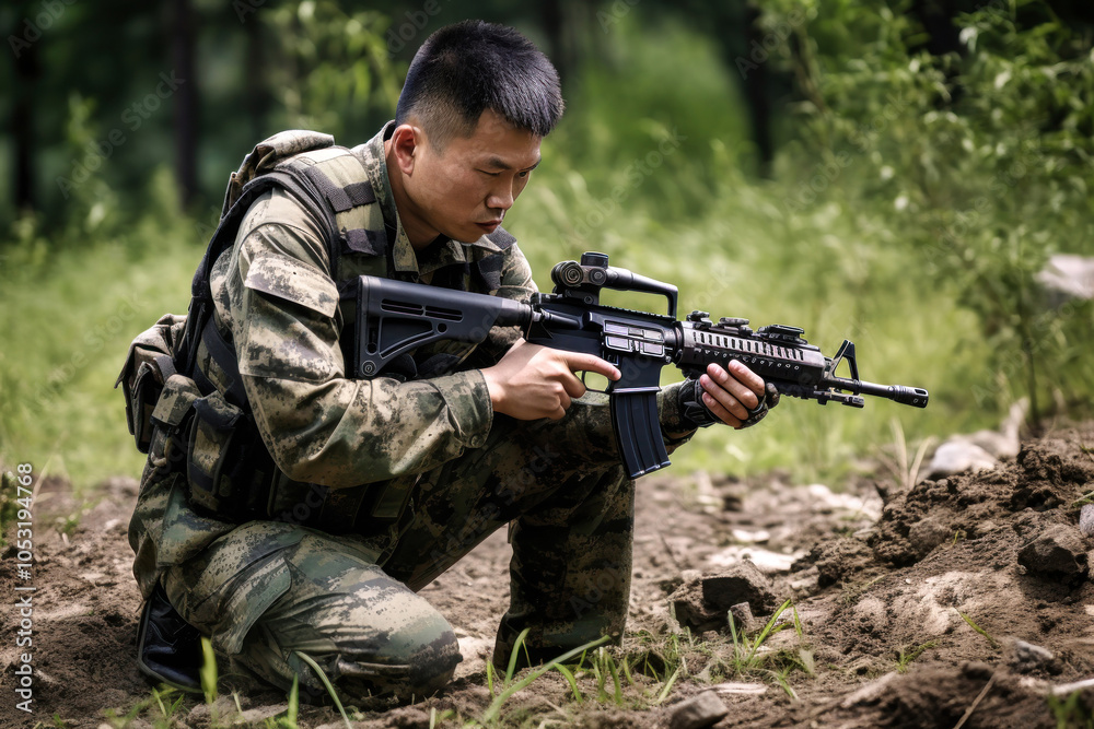 Fototapeta premium Chinese soldier kneeling in a forest while aiming a rifle during military training exercises