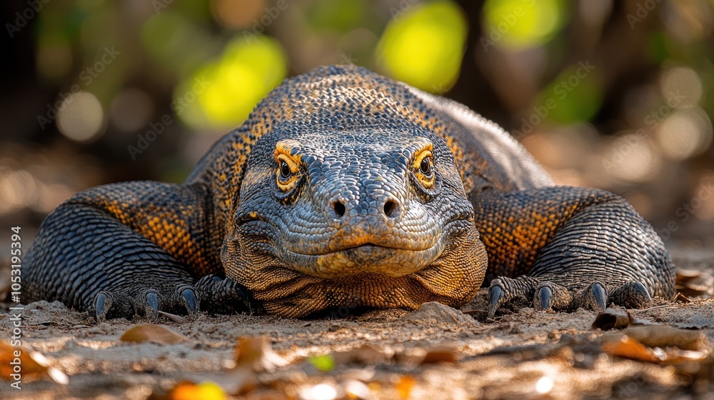 A close-up of a Komodo dragon resting on the ground. A close-up of a Komodo dragon resting on the ground.