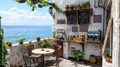 Charming outdoor cafe with ocean view, featuring rustic decor and plants, perfect for relaxation and dining in nature. photo