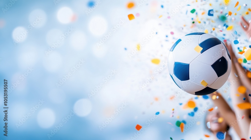 A vibrant celebration scene featuring a soccer ball amidst colorful confetti, symbolizing joy and excitement in sports. A vibrant celebration scene featuring a soccer ball amidst colorful confetti, symbolizing joy and excitement in sports.