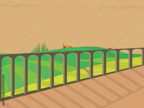 Roman aqueduct. European touristic symbol. Evening illustration	