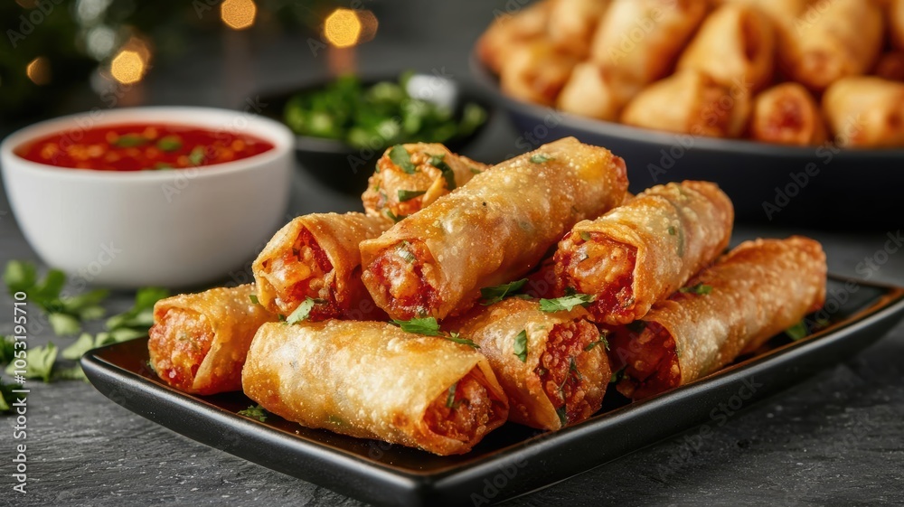 Crispy spring rolls served with red chili sauce, vibrant celebration table, spring rolls, celebration Crispy spring rolls served with red chili sauce, vibrant celebration table, spring rolls, celebration