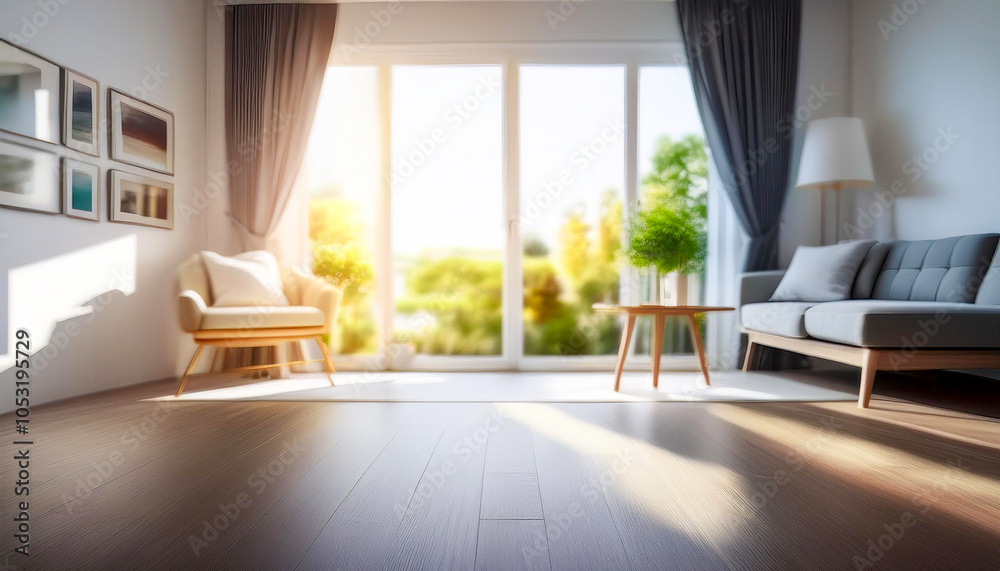 Fototapeta premium Blur living room with nature lighting in the morning for background usage.Blur interior home background concept.Generative AI