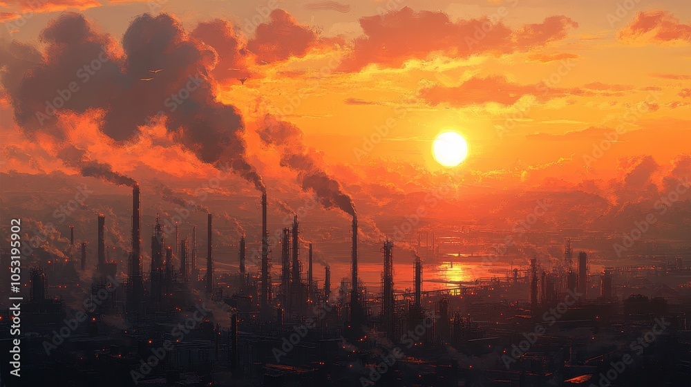 Fototapeta premium ** Industrial Skyline at Sunset with Smokestacks and Vibrant Orange Sky Reflecting Over Water..**