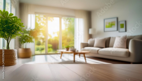 Blur living room with nature lighting in the morning for background usage.Blur interior home background concept.Generative AI