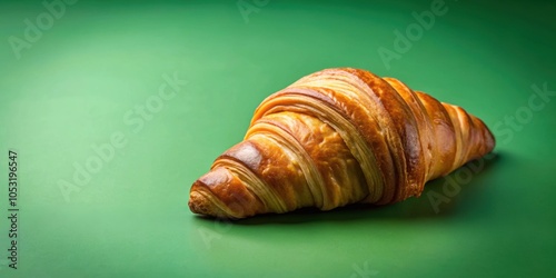 Croissant on green background, croissant, pastry, baked goods, French cuisine, breakfast, food photography