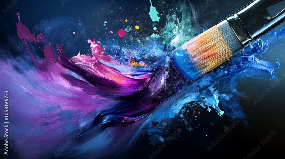 Fototapeta premium A paintbrush with splashes of color floating around in space, symbolizing artistic creativity,