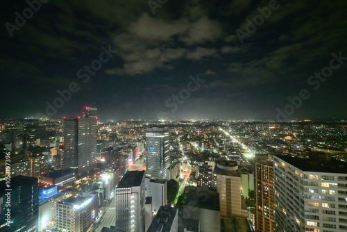 仙台駅東口　上空からのビル群 夜景 AER展望デッキ