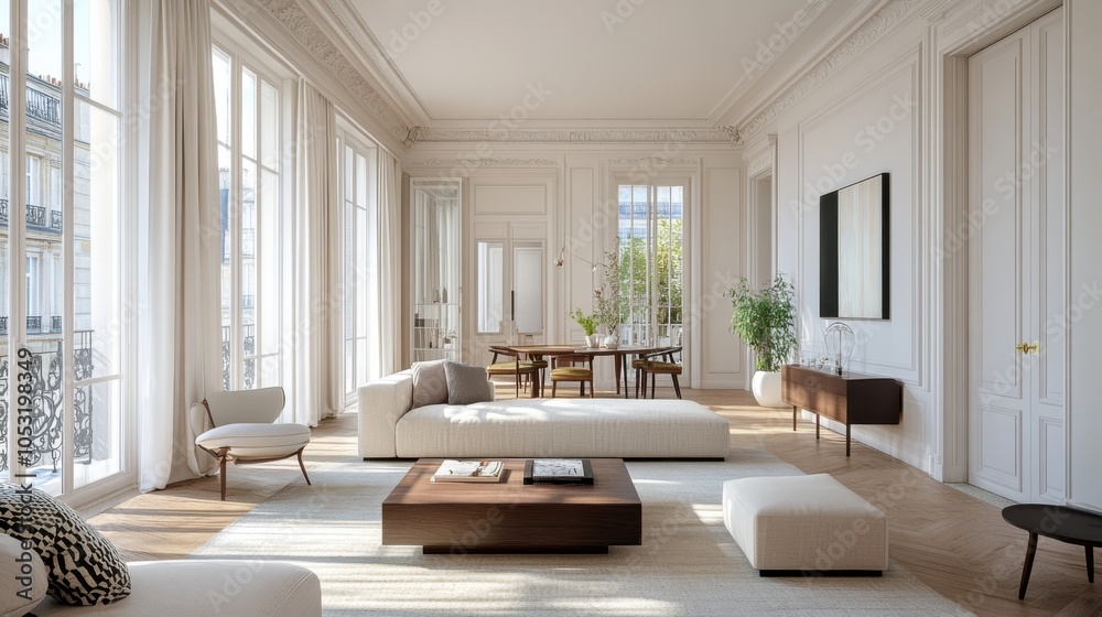 Fototapeta premium A chic Parisian apartment with Scandinavian interior design, featuring a spacious living