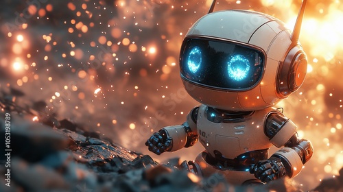 A small, cute robot with glowing eyes navigating a fiery, spark-filled landscape.