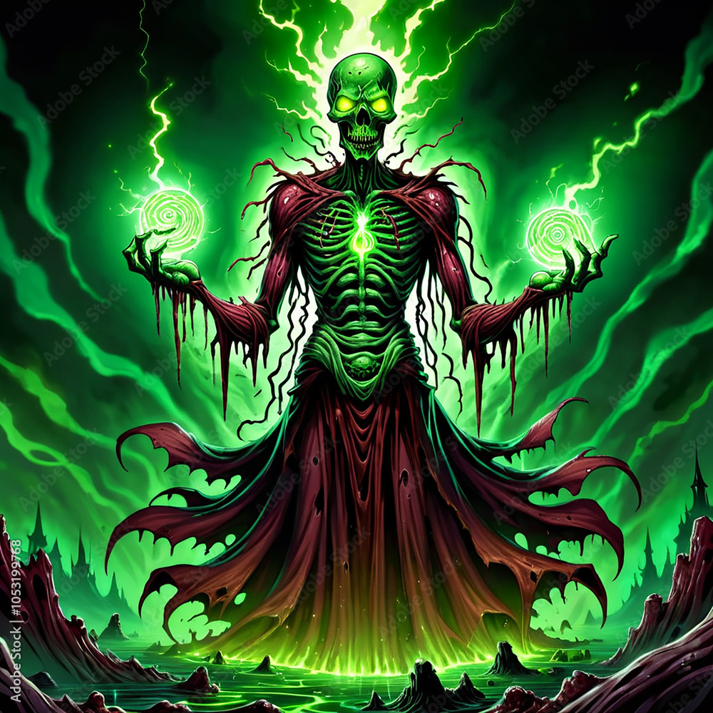 A skeletal figure with glowing green eyes, dressed in tattered red robes, raises his hands to conjure swirling green energy orbs in a dark and misty swamp. A skeletal figure with glowing green eyes, dressed in tattered red robes, raises his hands to conjure swirling green energy orbs in a dark and misty swamp.