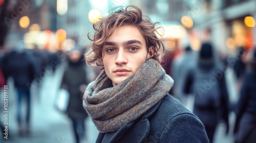 Wallpaper Mural Stylish young man in a coat and scarf stands on a bustling city street, captivatingly gazing at the camera amidst a blurred crowd of pedestrians Torontodigital.ca